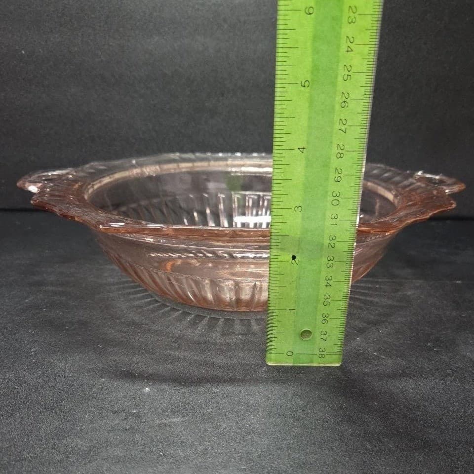 Mayfair Open Rose Pink Handled Bowl, Hocking Depression Glass, Vtg Floral Dish - Thumbnail 7