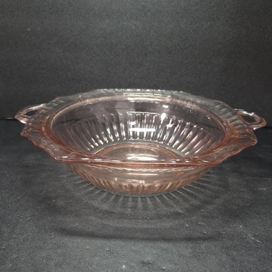 Mayfair Open Rose Pink Handled Bowl, Hocking Depression Glass, Vtg Floral Dish - Thumbnail 2