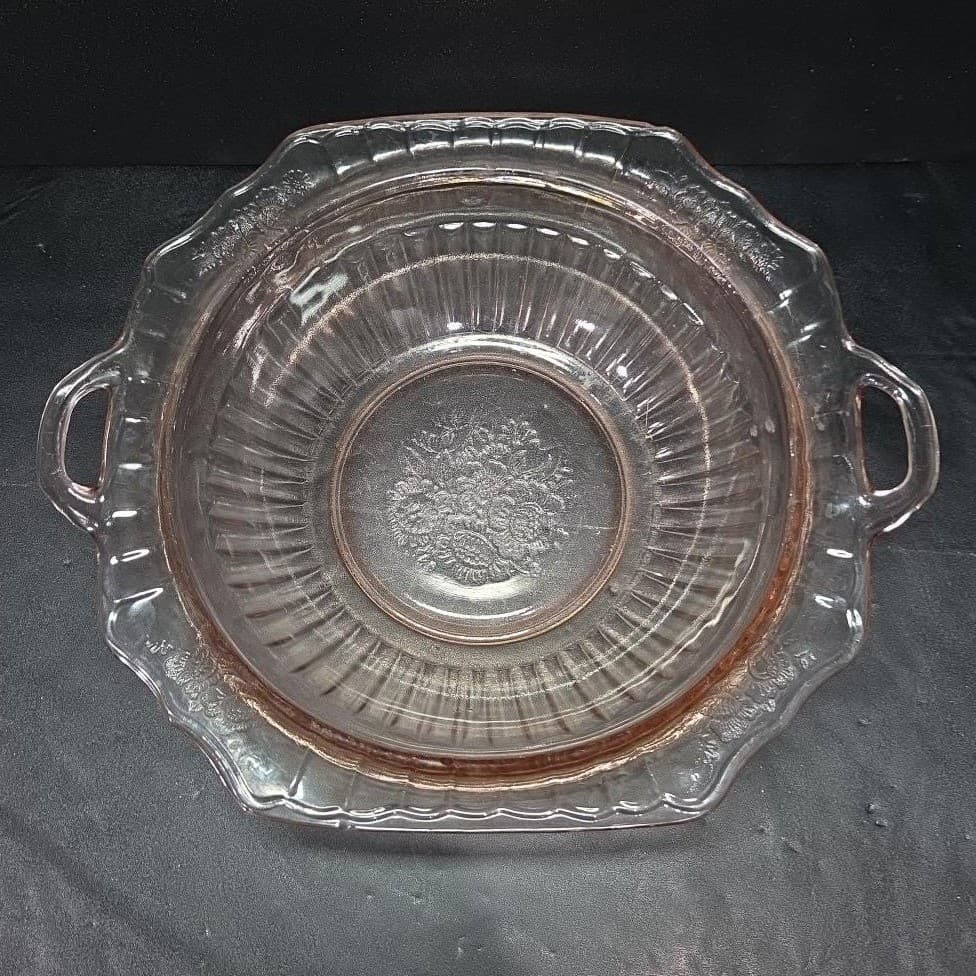 Mayfair Open Rose Pink Handled Bowl, Hocking Depression Glass, Vtg Floral Dish - Thumbnail 3