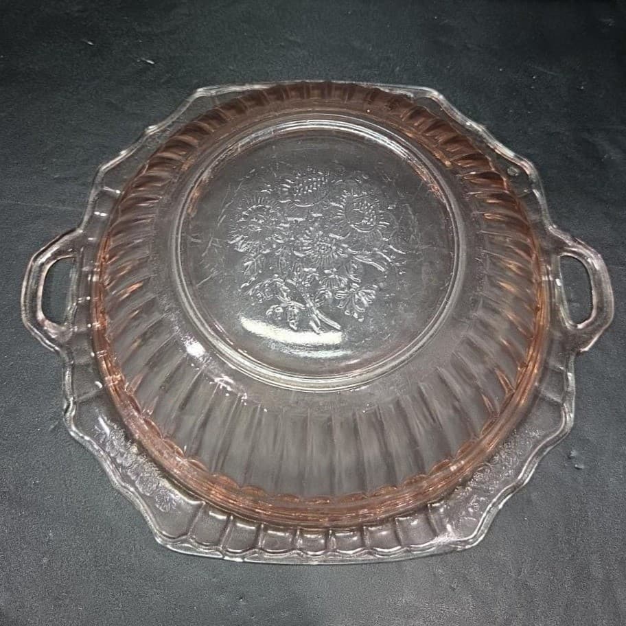 Mayfair Open Rose Pink Handled Bowl, Hocking Depression Glass, Vtg Floral Dish - Thumbnail 4
