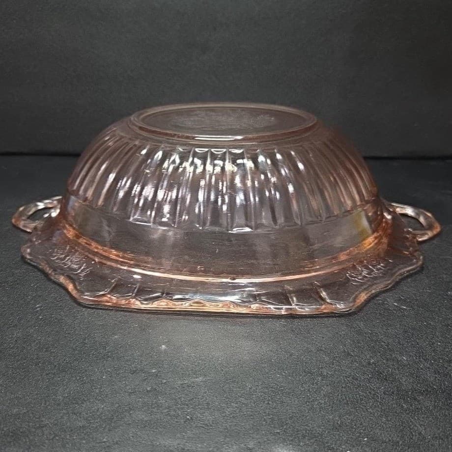 Mayfair Open Rose Pink Handled Bowl, Hocking Depression Glass, Vtg Floral Dish - Thumbnail 10