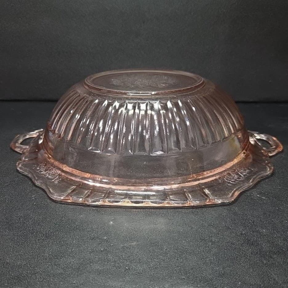 Mayfair Open Rose Pink Handled Bowl, Hocking Depression Glass, Vtg Floral Dish - Thumbnail 8