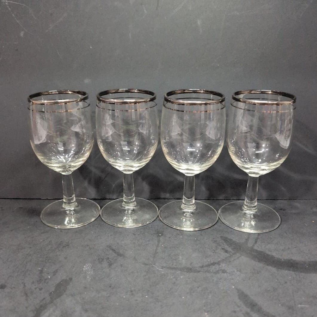 Platinum Rimmed Clear Wine Glasses, Set of 4, Vintage Replacement Stemware, MCM - Thumbnail 3
