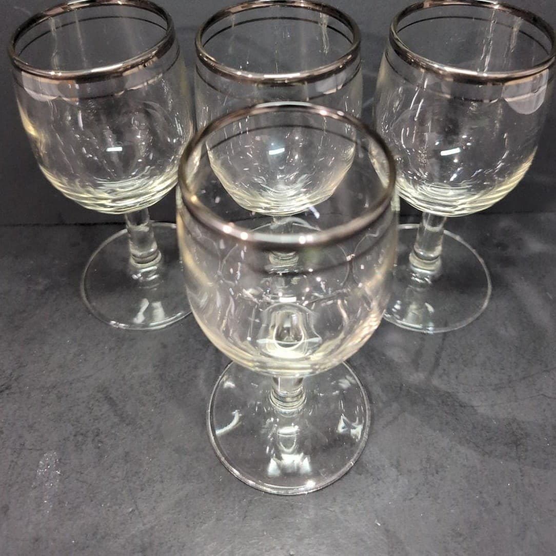 Platinum Rimmed Clear Wine Glasses, Set of 4, Vintage Replacement Stemware, MCM - Thumbnail 6