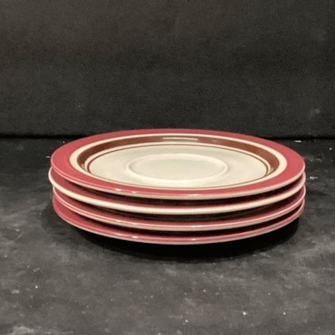 Sango Carousel Saucers #807, Set of 4, Vintage Cranberry & Brown Bands Tableware - Thumbnail 8