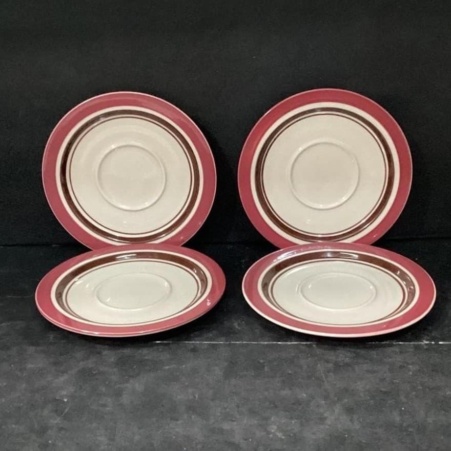 Sango Carousel Saucers #807, Set of 4, Vintage Cranberry & Brown Bands Tableware - Thumbnail 2