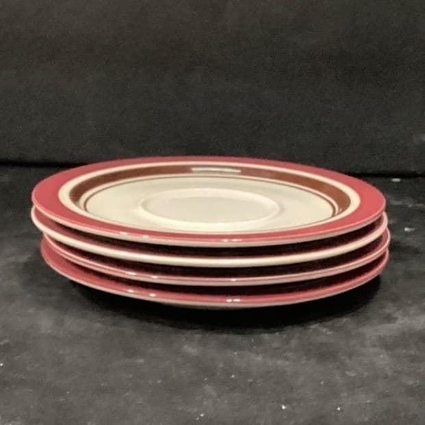 Sango Carousel Saucers #807, Set of 4, Vintage Cranberry & Brown Bands Tableware - Thumbnail 9
