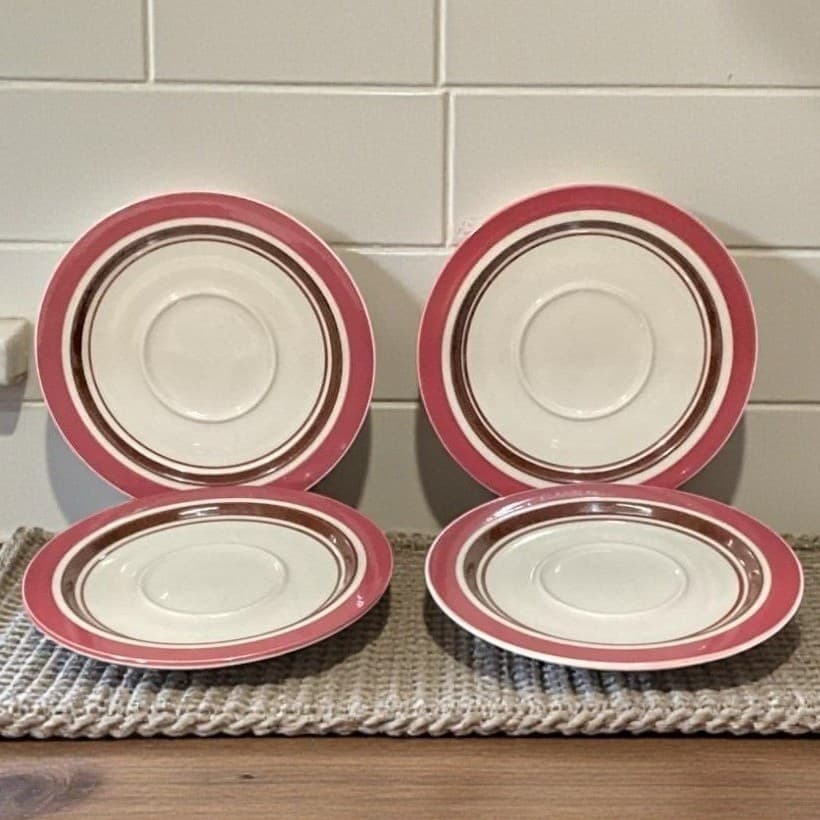 Sango Carousel Saucers #807, Set of 4, Vintage Cranberry & Brown Bands Tableware