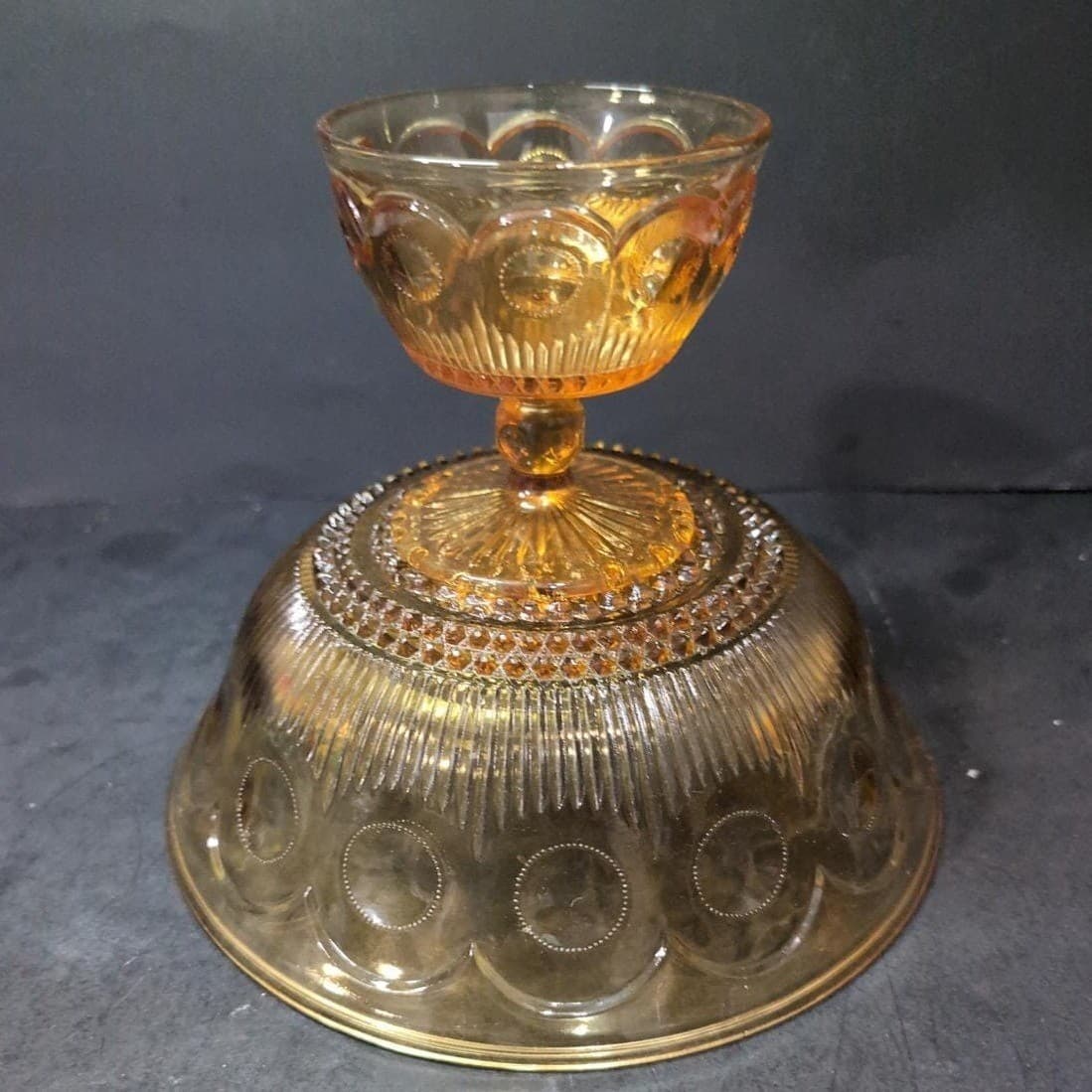 Bartlett Collins Amber Compote, Vtg St. Genevieve Patterned Pedestal Centerpiece - Thumbnail 9
