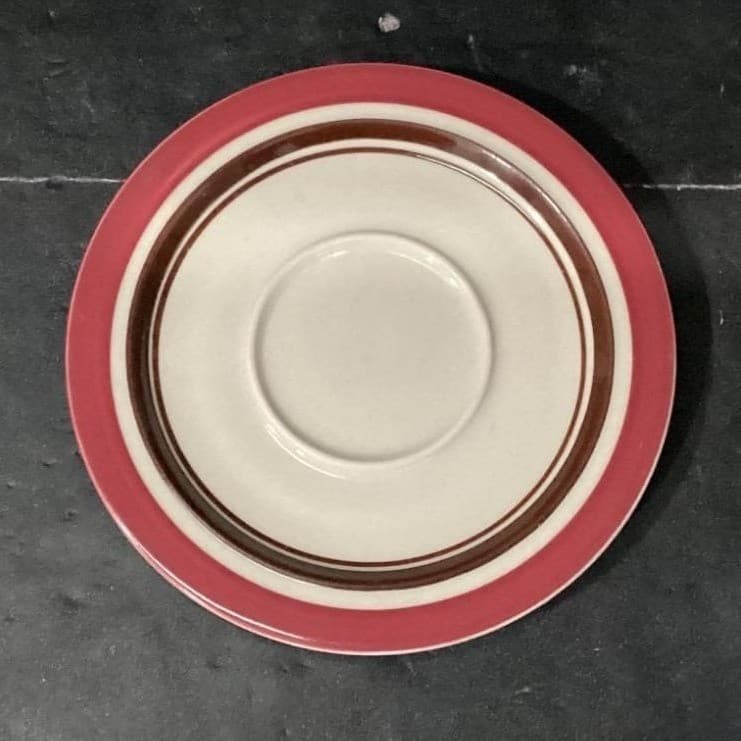 Sango Carousel Saucers #807, Set of 4, Vintage Cranberry & Brown Bands Tableware - Thumbnail 3