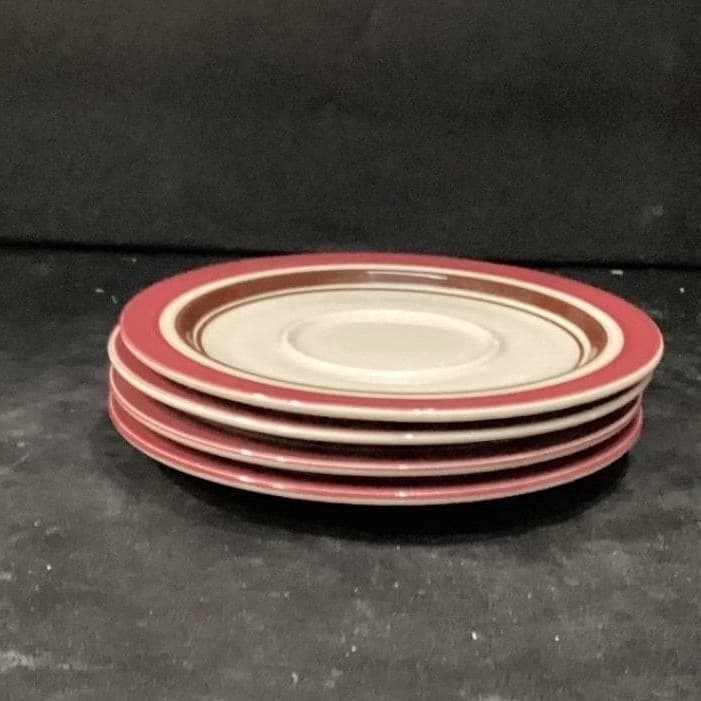 Sango Carousel Saucers #807, Set of 4, Vintage Cranberry & Brown Bands Tableware - Thumbnail 7