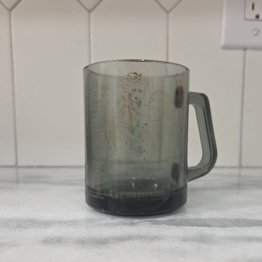 Gemini Zodiac Sign Smoke Gray Coffee Cup, Vintage Faded Gold Lettering Mug - Thumbnail 2