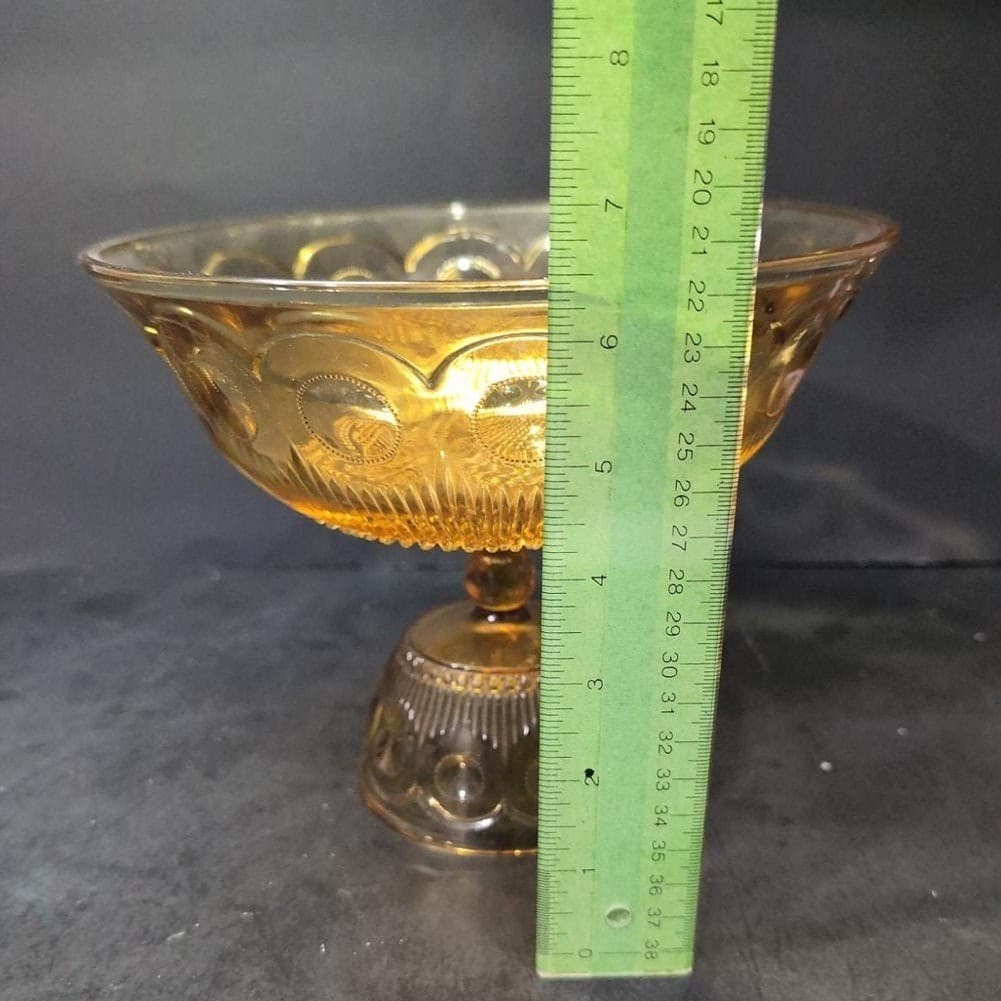 Bartlett Collins Amber Compote, Vtg St. Genevieve Patterned Pedestal Centerpiece - Thumbnail 6