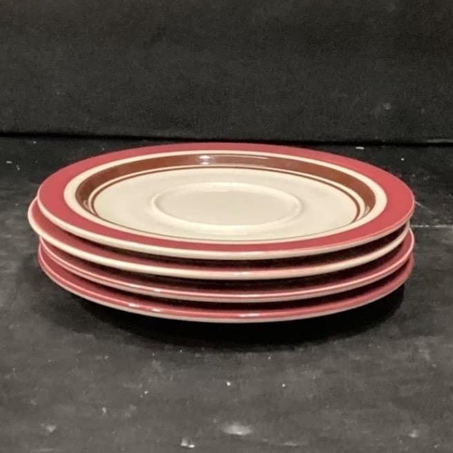 Sango Carousel Saucers #807, Set of 4, Vintage Cranberry & Brown Bands Tableware - Thumbnail 6