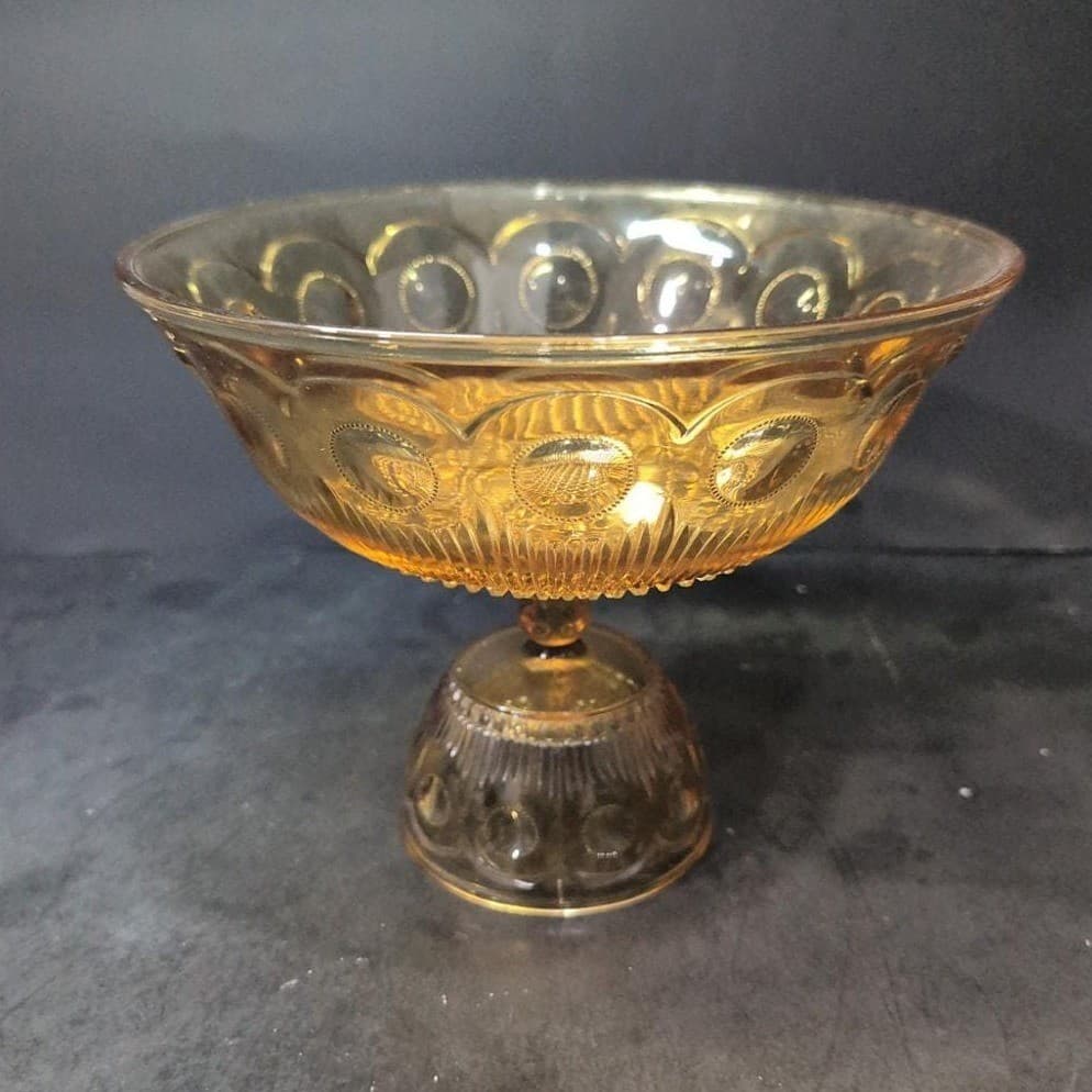 Bartlett Collins Amber Compote, Vtg St. Genevieve Patterned Pedestal Centerpiece - Thumbnail 2