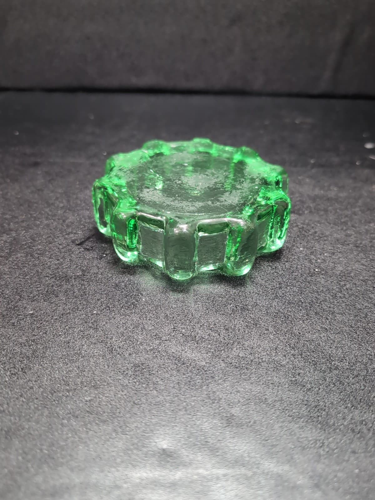 Gear Shaped Green Glass Ashtray, Brutalist Paperweight, Votive Holder, Accent - Thumbnail 4