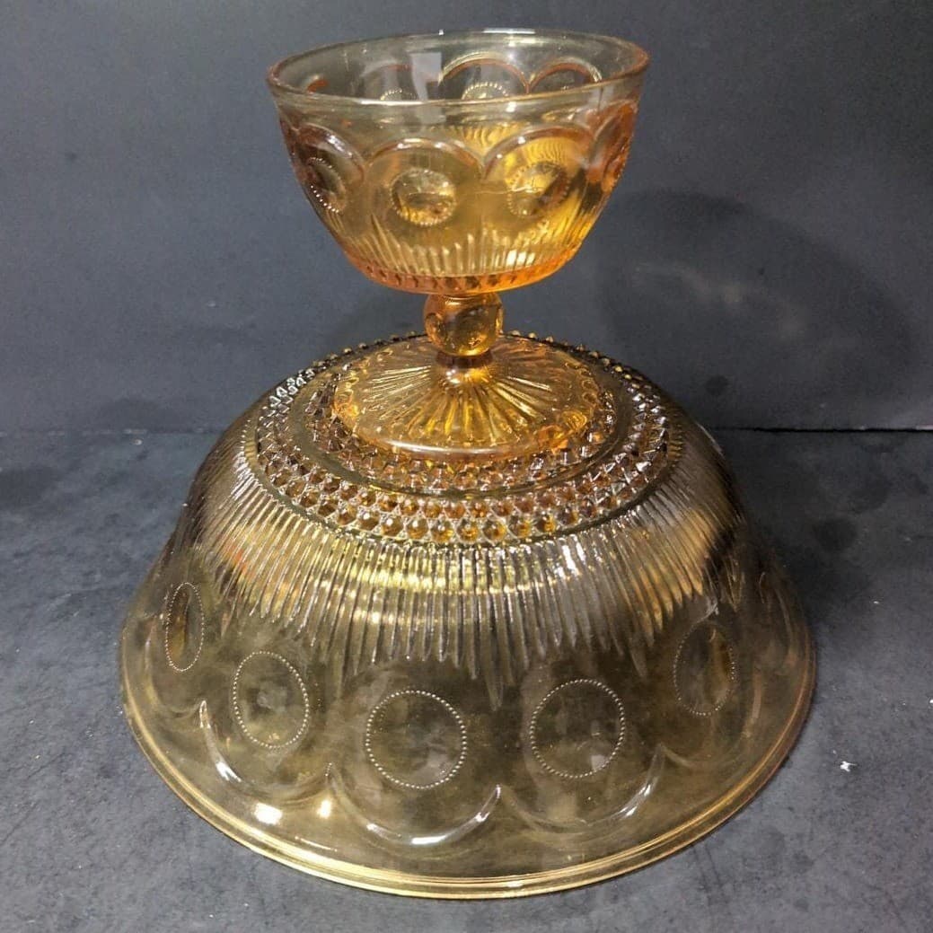 Bartlett Collins Amber Compote, Vtg St. Genevieve Patterned Pedestal Centerpiece - Thumbnail 11