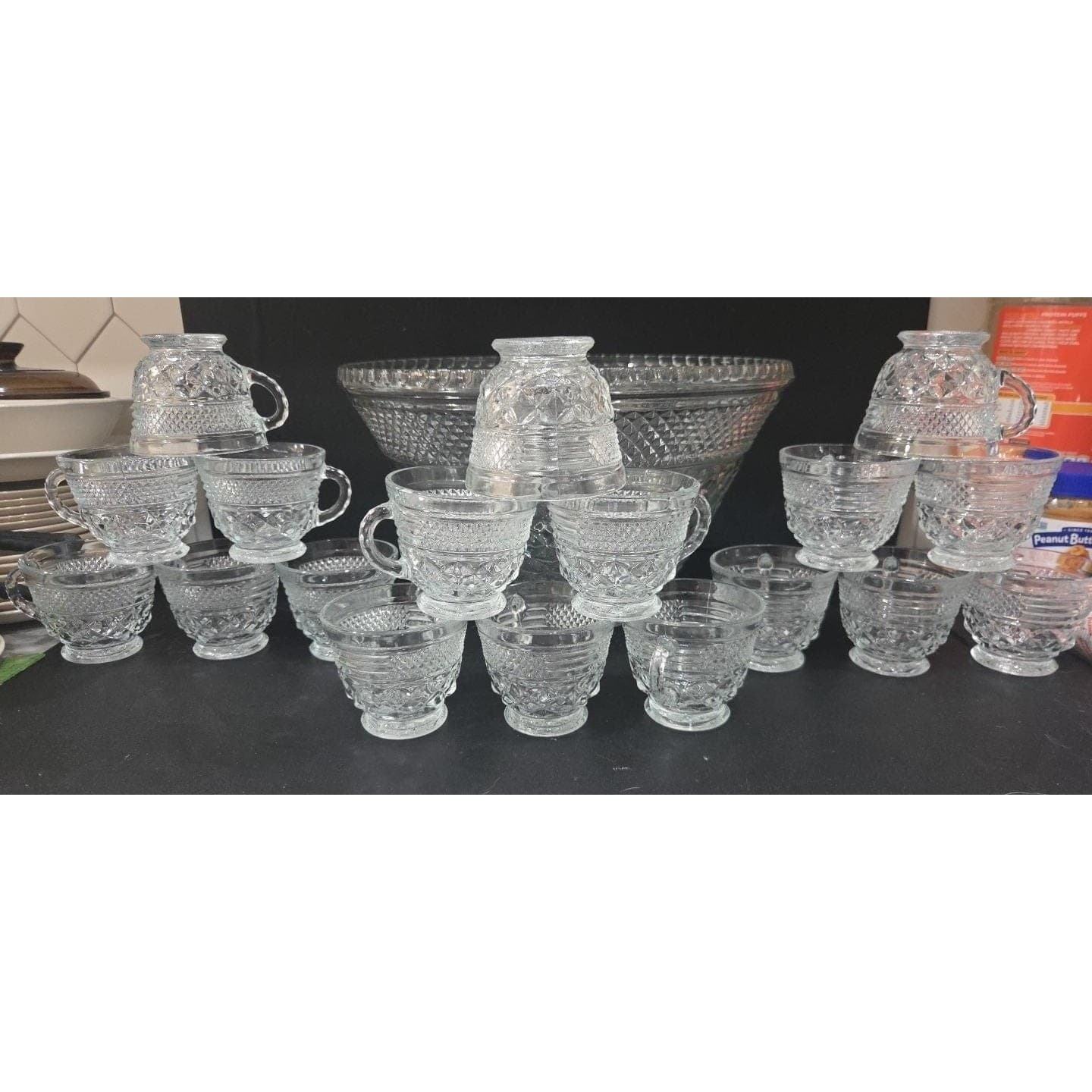 Anchor Hocking Arlington Punch Bowl, 18 Cups Included, Vintage Clear Glassware - Thumbnail 2