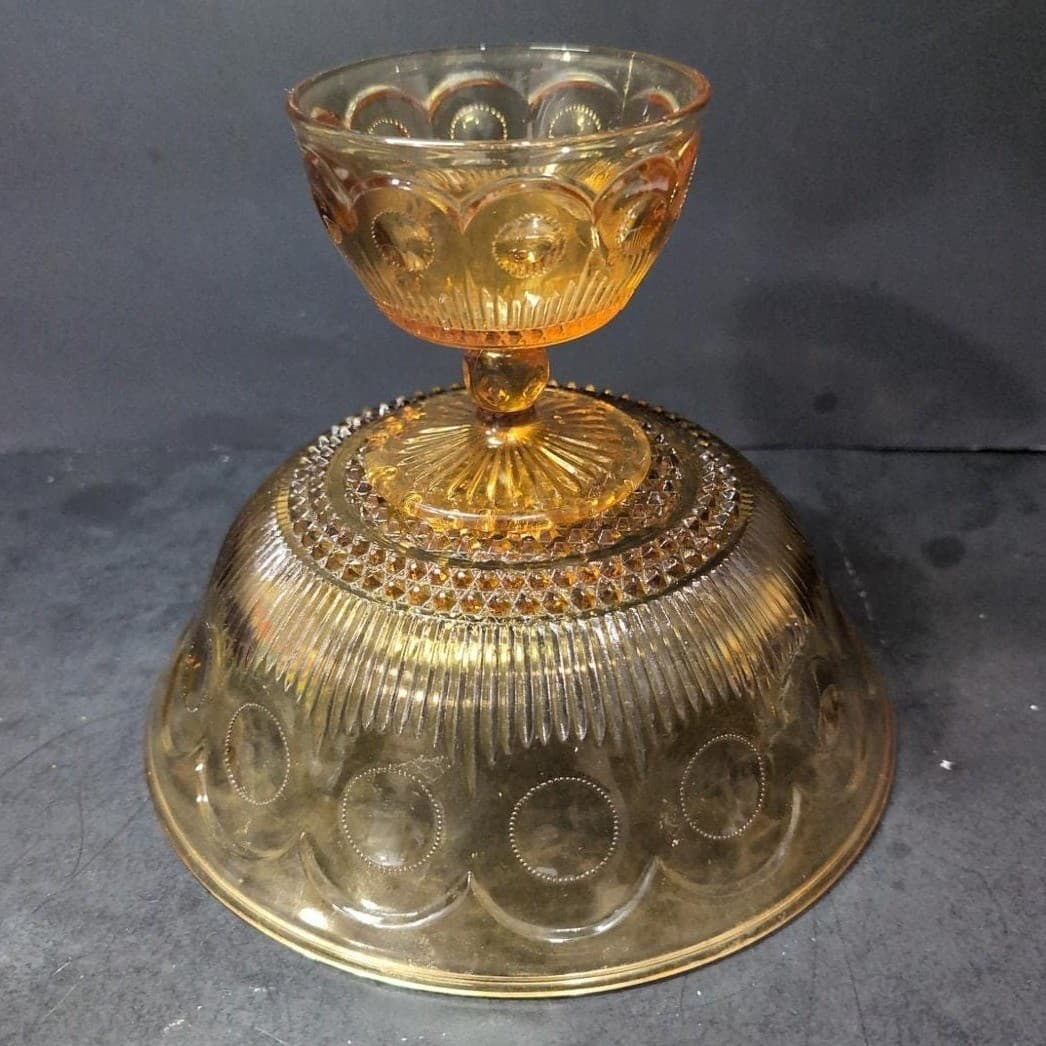 Bartlett Collins Amber Compote, Vtg St. Genevieve Patterned Pedestal Centerpiece - Thumbnail 10