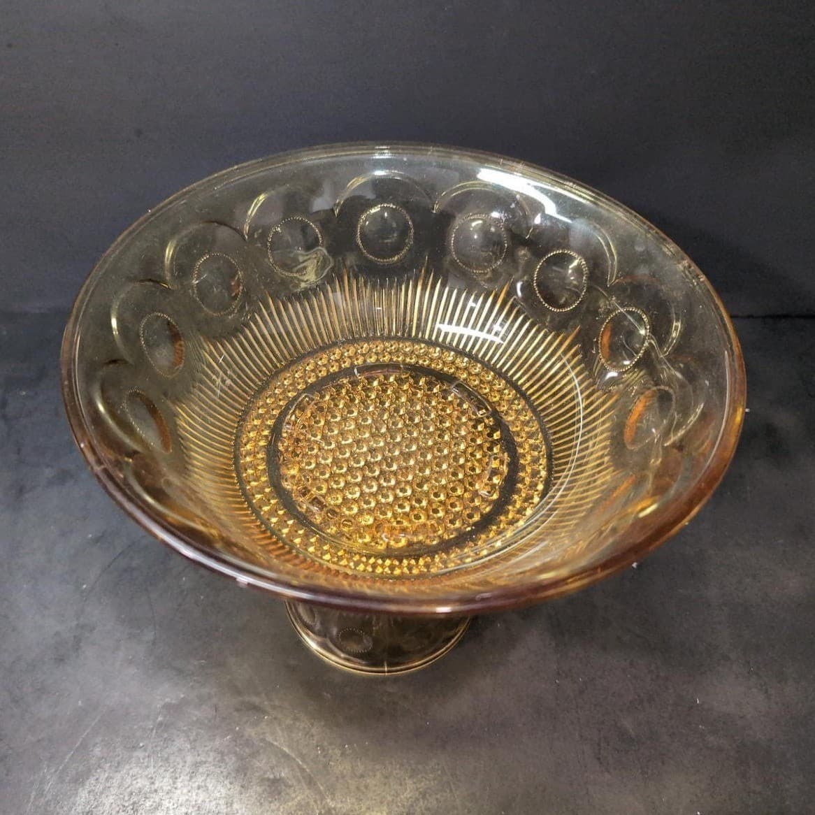 Bartlett Collins Amber Compote, Vtg St. Genevieve Patterned Pedestal Centerpiece - Thumbnail 3