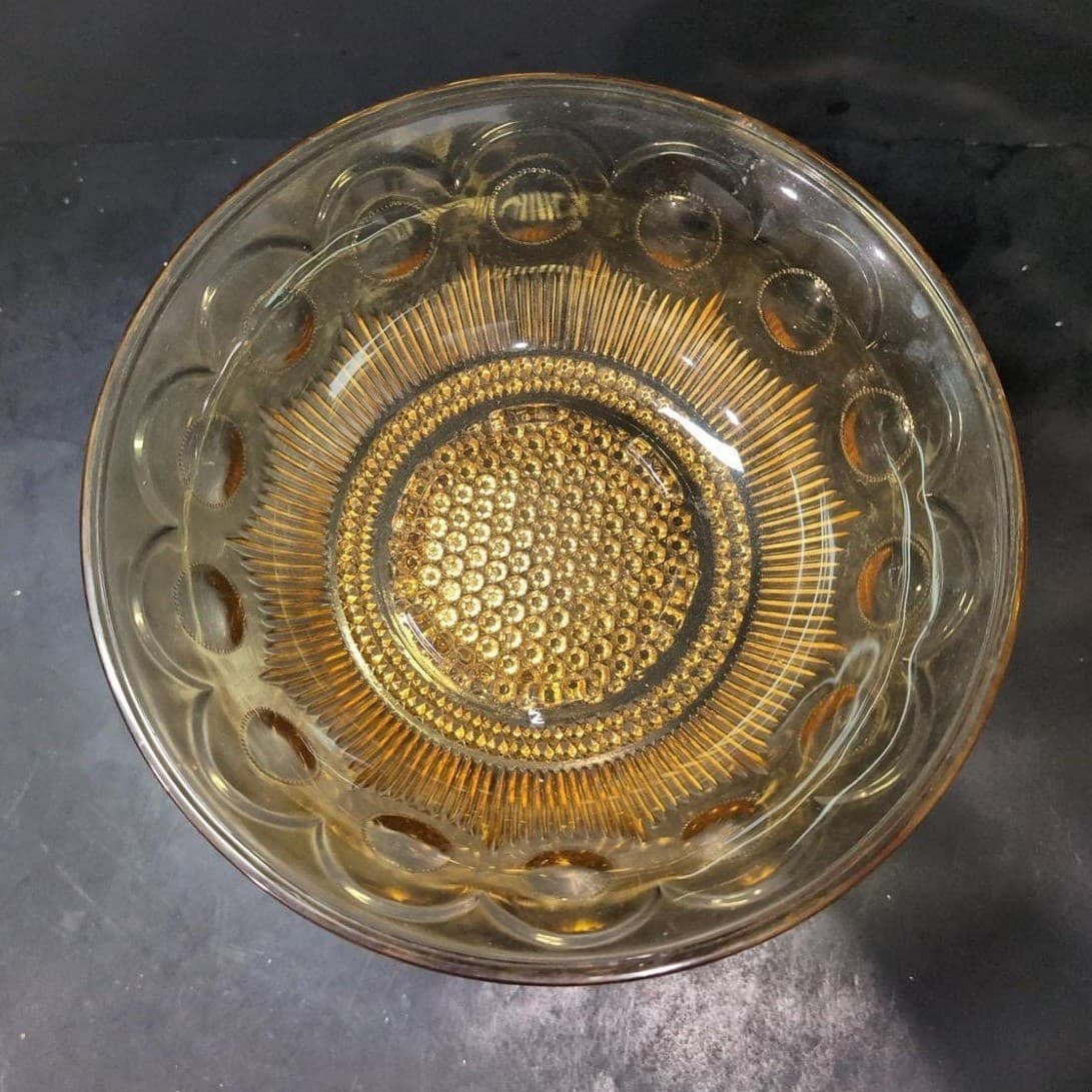 Bartlett Collins Amber Compote, Vtg St. Genevieve Patterned Pedestal Centerpiece - Thumbnail 4