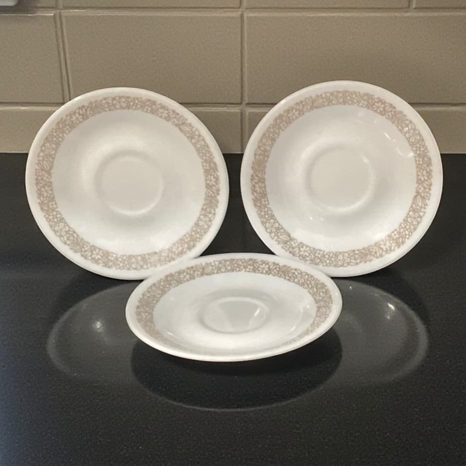 Corelle Corning Woodland Brown Trim Saucers, Set of 3, Vtg Dinnerware, Tableware