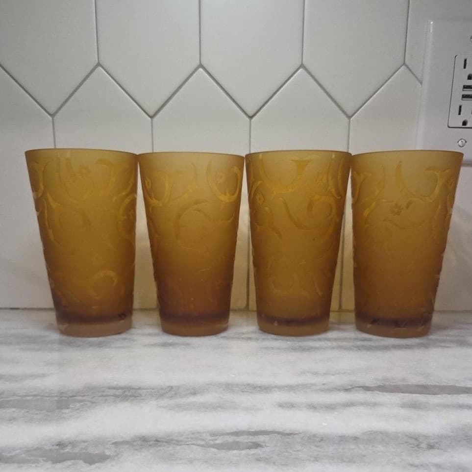 Michael Weems Elise Style Amber Tumblers, Set of 4, Etched Glasses, Drinkware - Thumbnail 4