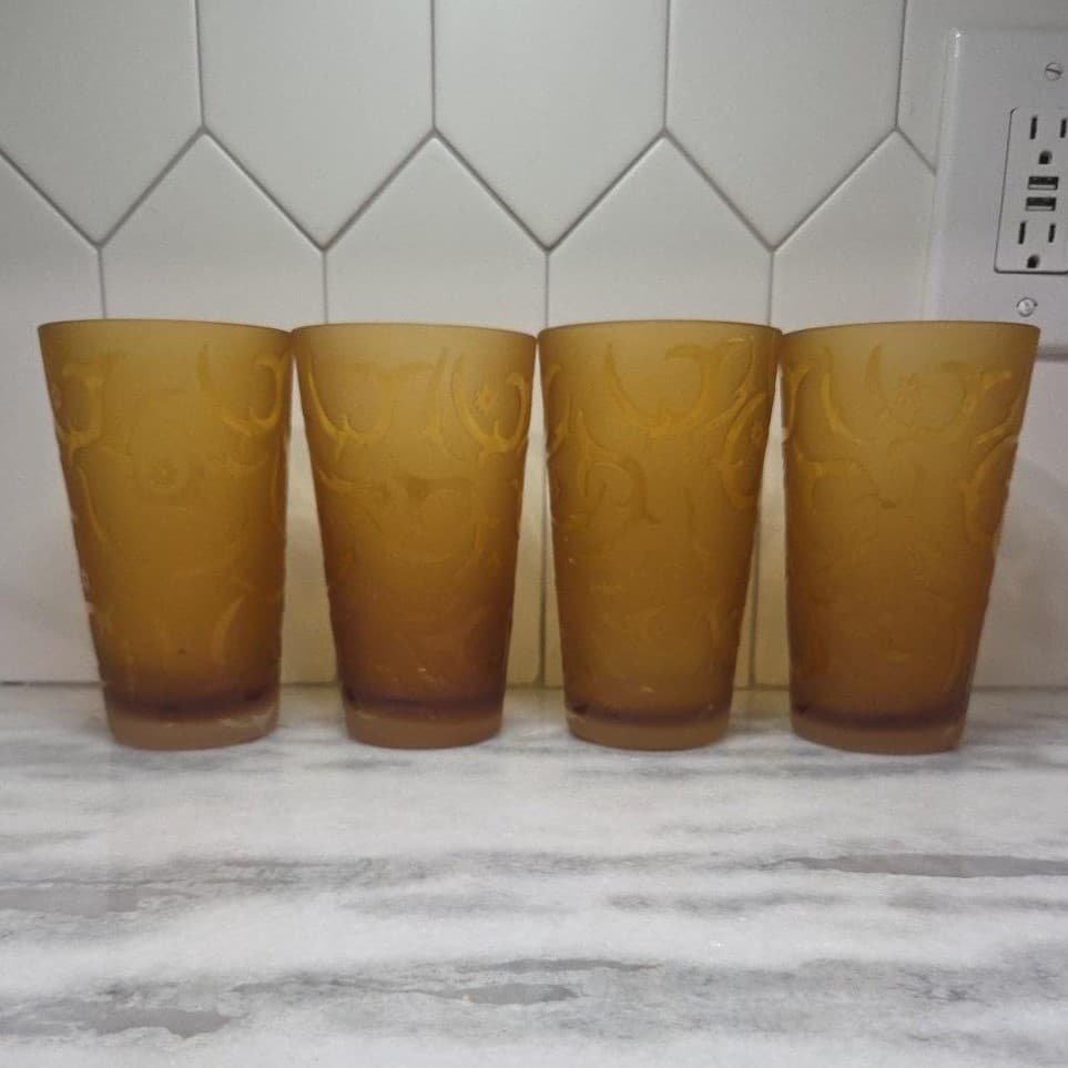 Michael Weems Elise Style Amber Tumblers, Set of 4, Etched Glasses, Drinkware - Thumbnail 3