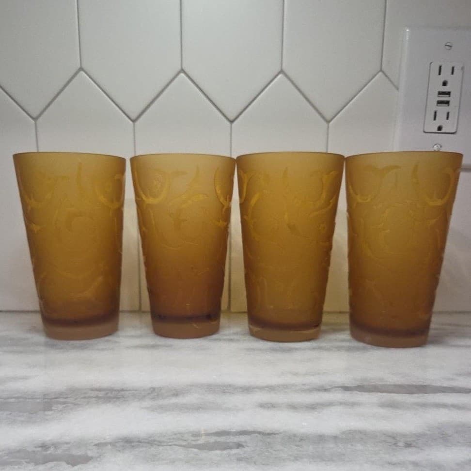 Michael Weems Elise Style Amber Tumblers, Set of 4, Etched Glasses, Drinkware - Thumbnail 2