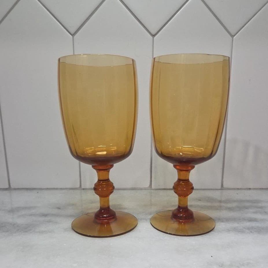Amber Ribbed Optic Wine Glasses, Set of 2, Vtg Stemware, Replacement Drinkware - Thumbnail 2