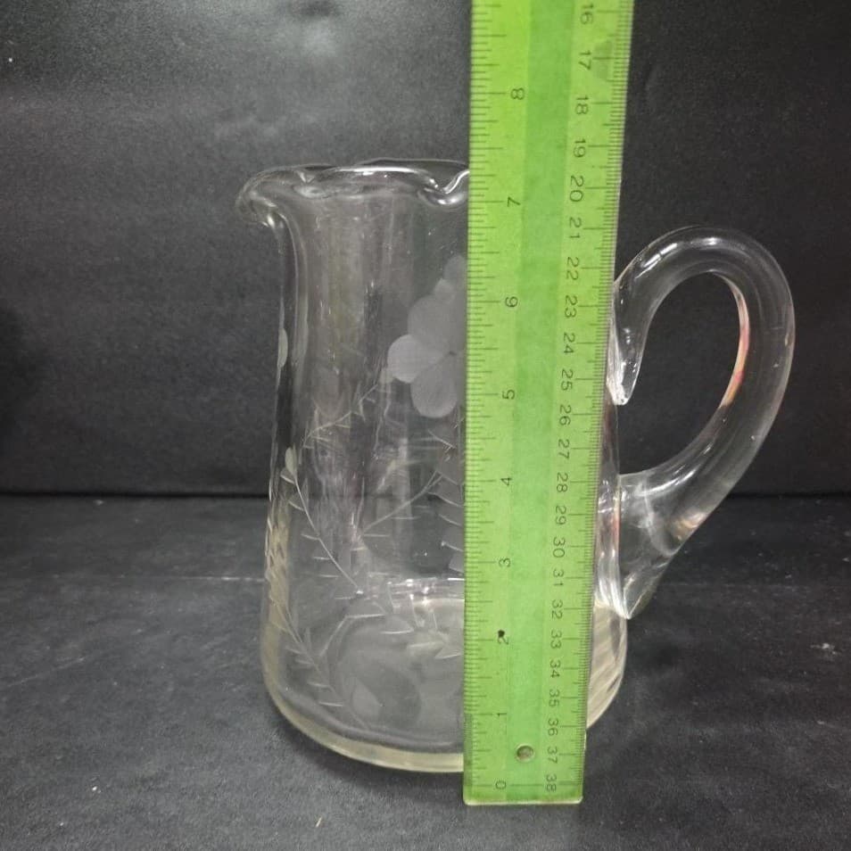 Floral Etched Clear Glass Pitcher, Vintage Beverage Serve, Replacement Barware - Thumbnail 9