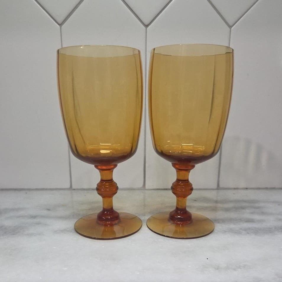 Amber Ribbed Optic Wine Glasses, Set of 2, Vtg Stemware, Replacement Drinkware - Thumbnail 5