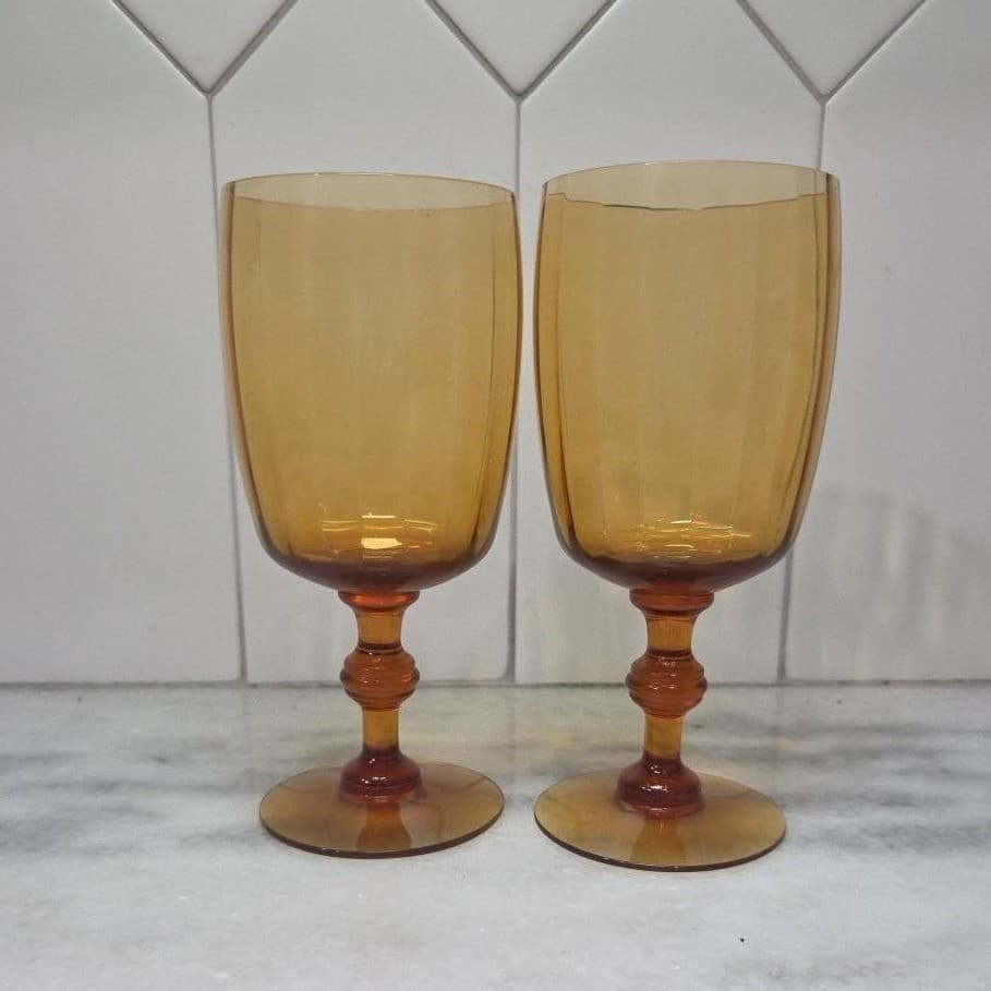 Amber Ribbed Optic Wine Glasses, Set of 2, Vtg Stemware, Replacement Drinkware - Thumbnail 4