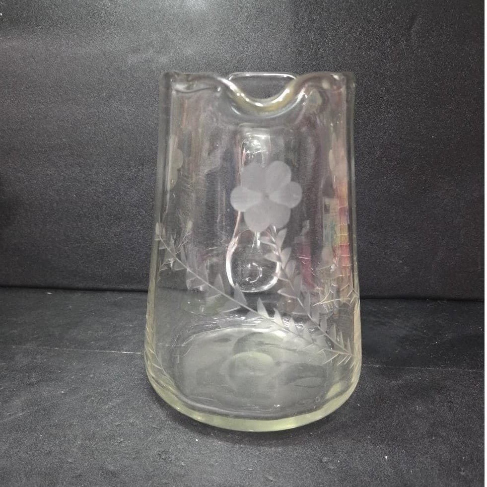 Floral Etched Clear Glass Pitcher, Vintage Beverage Serve, Replacement Barware - Thumbnail 3