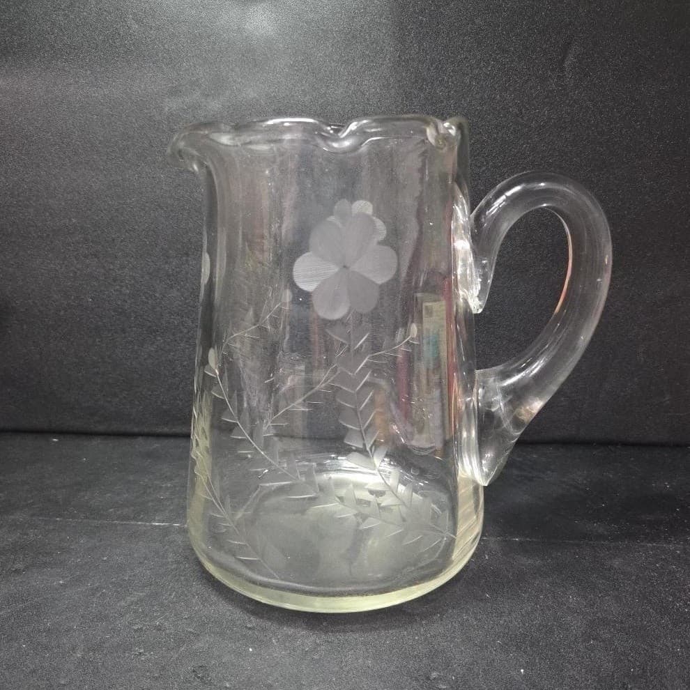 Floral Etched Clear Glass Pitcher, Vintage Beverage Serve, Replacement Barware - Thumbnail 4