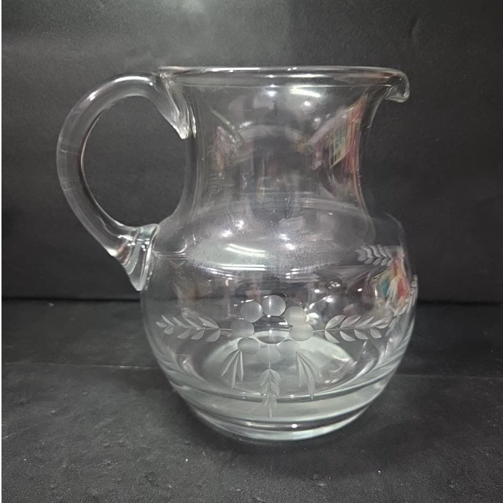 Floral Etched Glass Sangria Pitcher, Vintage Hand Blown Juice Dispenser, Barware - Thumbnail 4