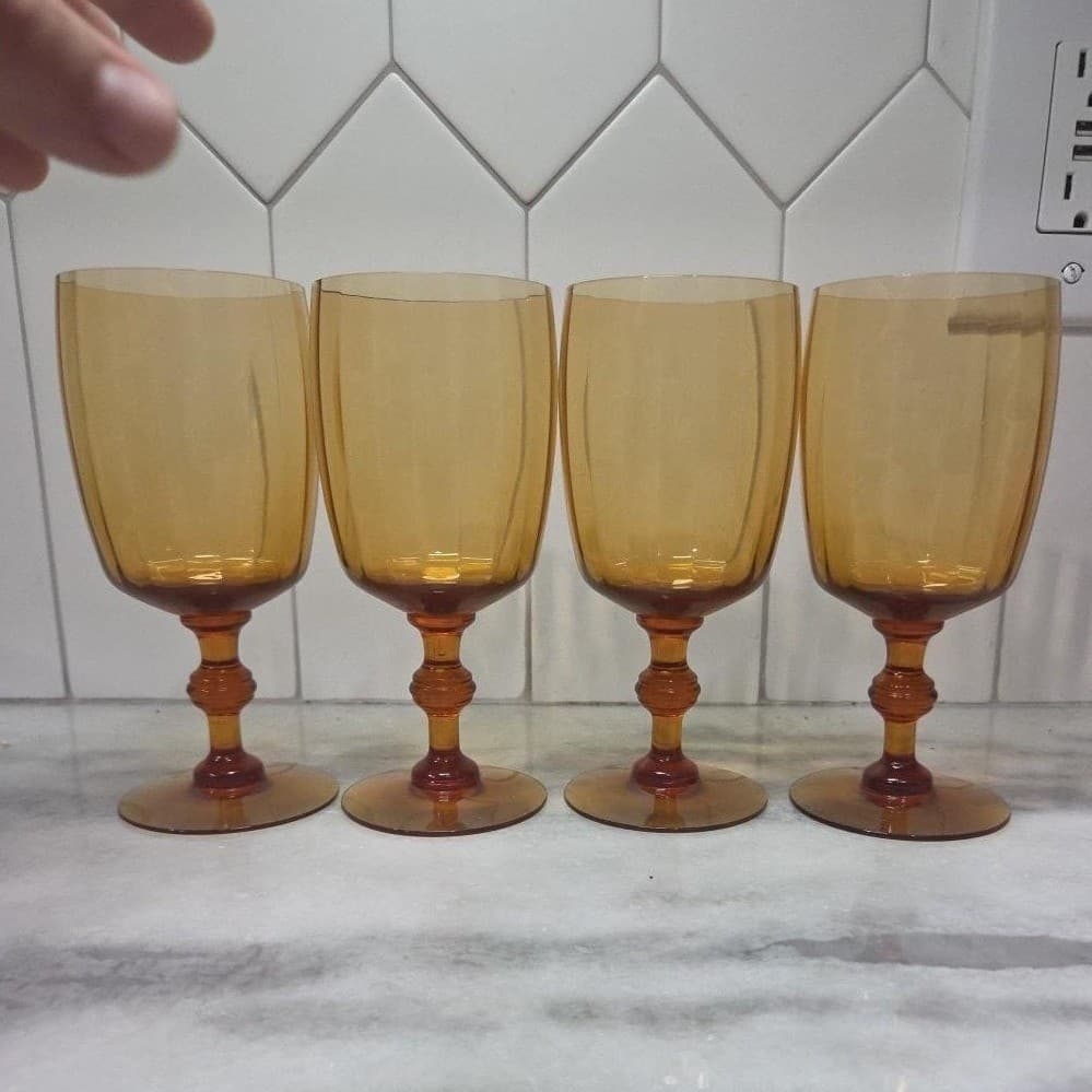 Amber Ribbed Optic Wine Glasses, Set of 4, Vtg Stemware, Replacement Drinkware - Thumbnail 5