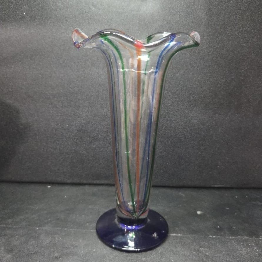 Hand Blown Fluted Art Glass Vase, Vtg Multicolored Flower Holder, Mantel Decor - Thumbnail 3