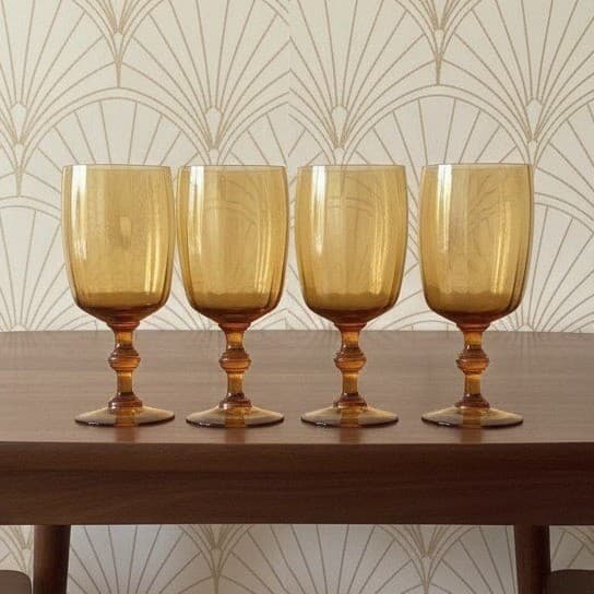 Amber Ribbed Optic Wine Glasses, Set of 4, Vtg Stemware, Replacement Drinkware