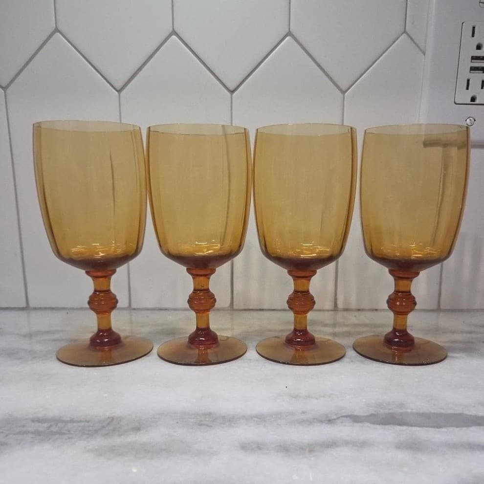 Amber Ribbed Optic Wine Glasses, Set of 4, Vtg Stemware, Replacement Drinkware - Thumbnail 2