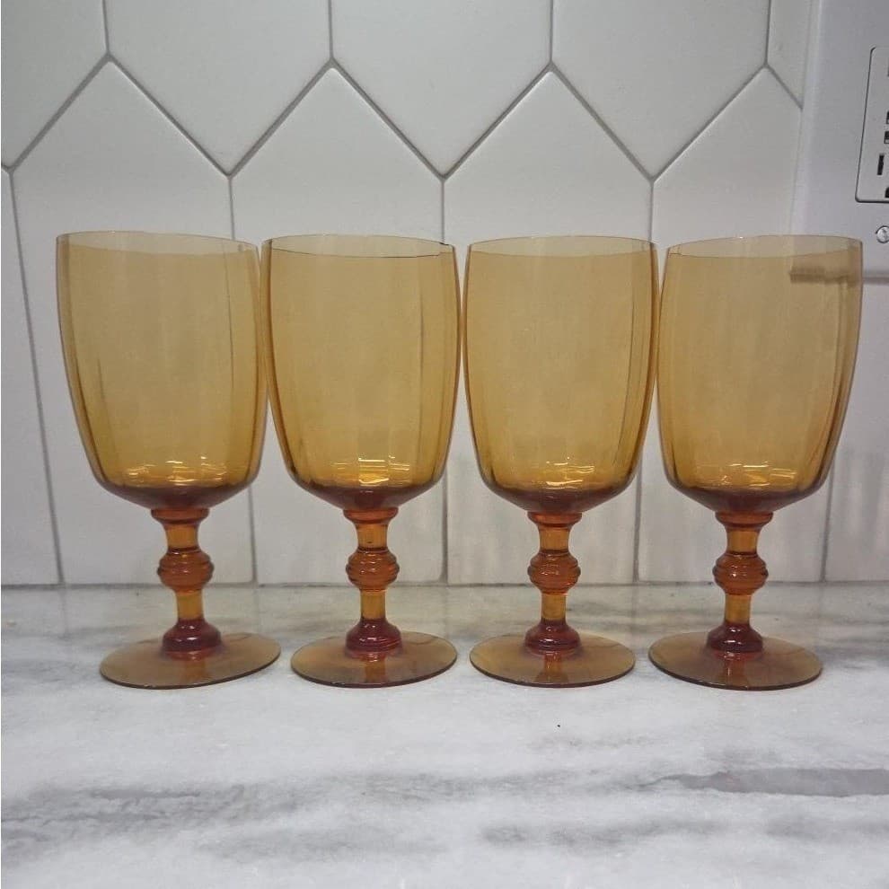 Amber Ribbed Optic Wine Glasses, Set of 4, Vtg Stemware, Replacement Drinkware - Thumbnail 3