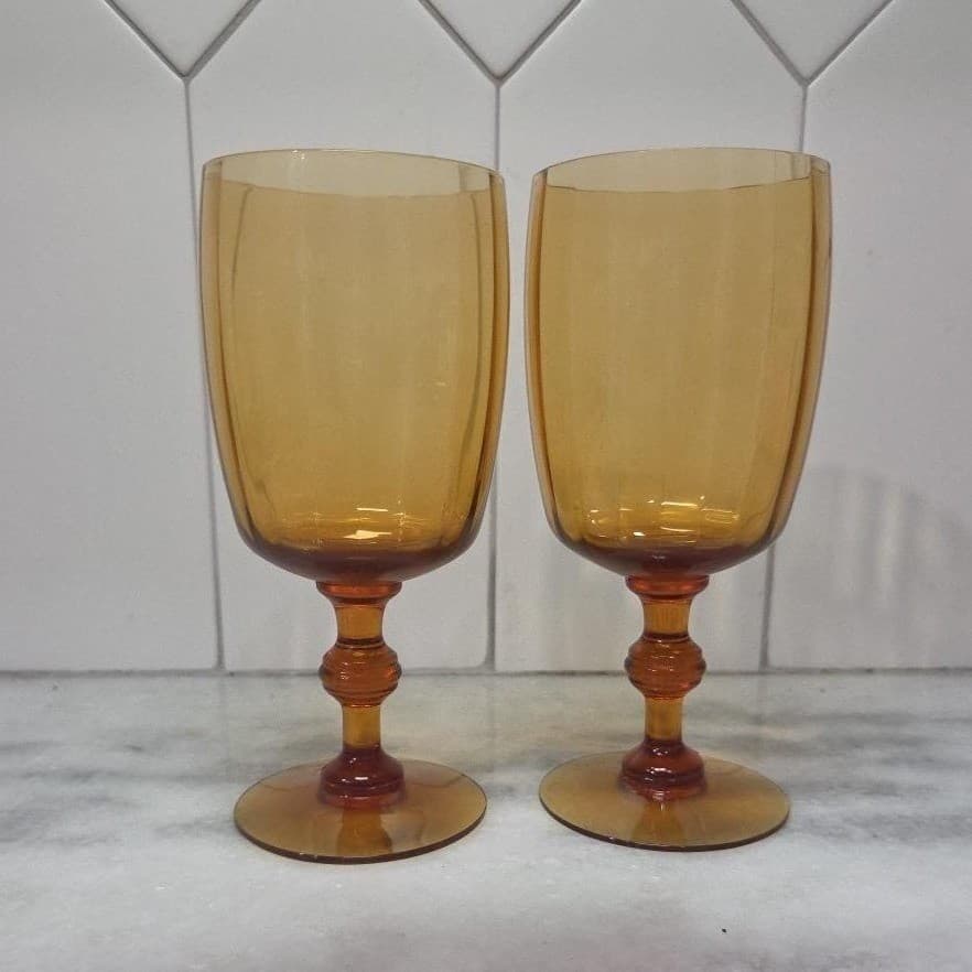 Amber Ribbed Optic Wine Glasses, Set of 2, Vtg Stemware, Replacement Drinkware - Thumbnail 3