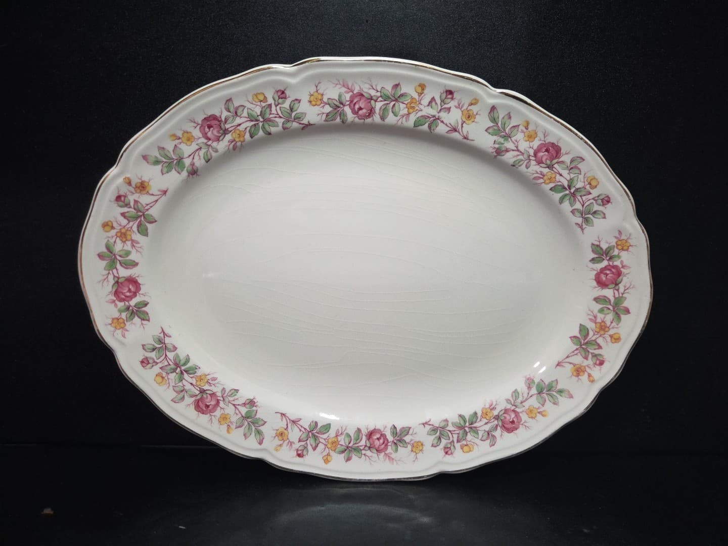 Edwin Knowles China Pink & Yellow Floral Rim Oval Serving Platter, Vintage Tray
