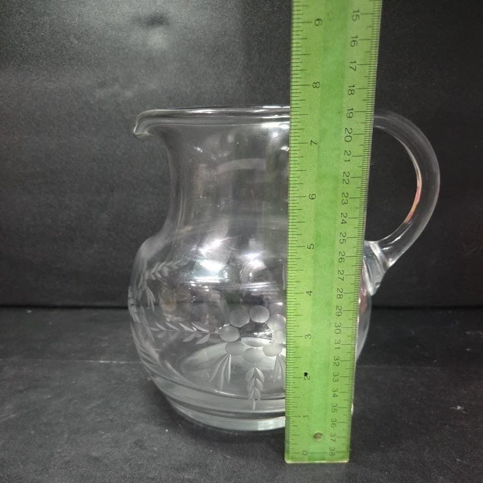 Floral Etched Glass Sangria Pitcher, Vintage Hand Blown Juice Dispenser, Barware - Thumbnail 9