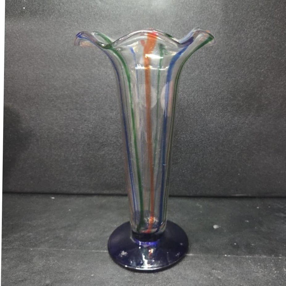 Hand Blown Fluted Art Glass Vase, Vtg Multicolored Flower Holder, Mantel Decor - Thumbnail 4