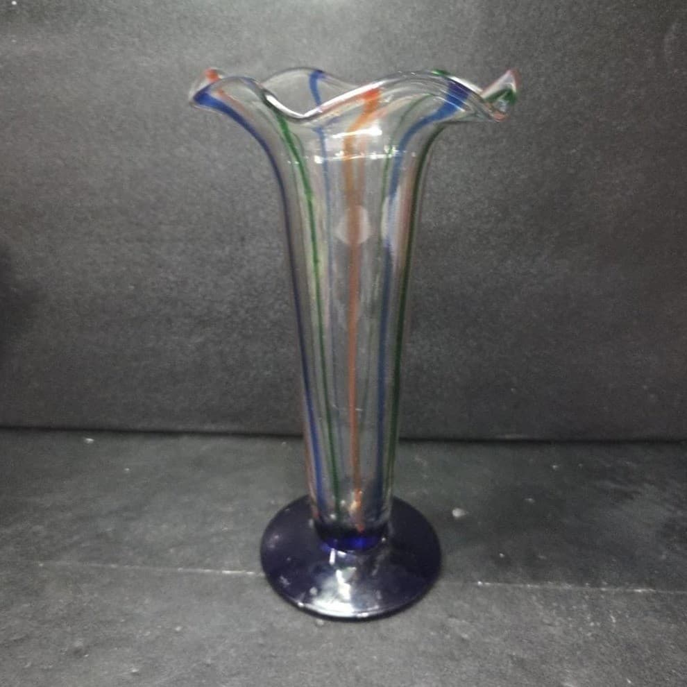 Hand Blown Fluted Art Glass Vase, Vtg Multicolored Flower Holder, Mantel Decor - Thumbnail 5
