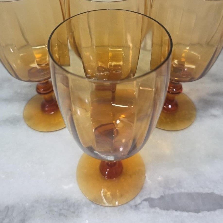 Amber Ribbed Optic Wine Glasses, Set of 4, Vtg Stemware, Replacement Drinkware - Thumbnail 6