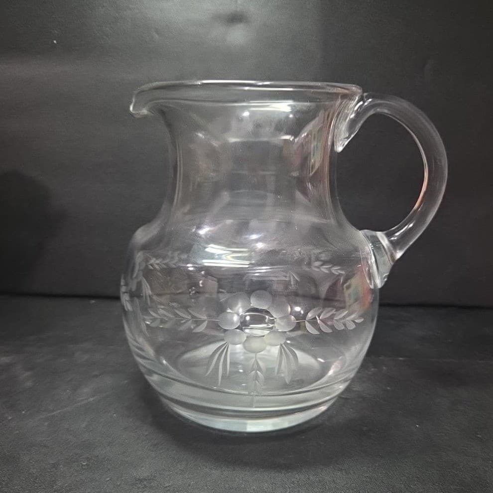 Floral Etched Glass Sangria Pitcher, Vintage Hand Blown Juice Dispenser, Barware - Thumbnail 2