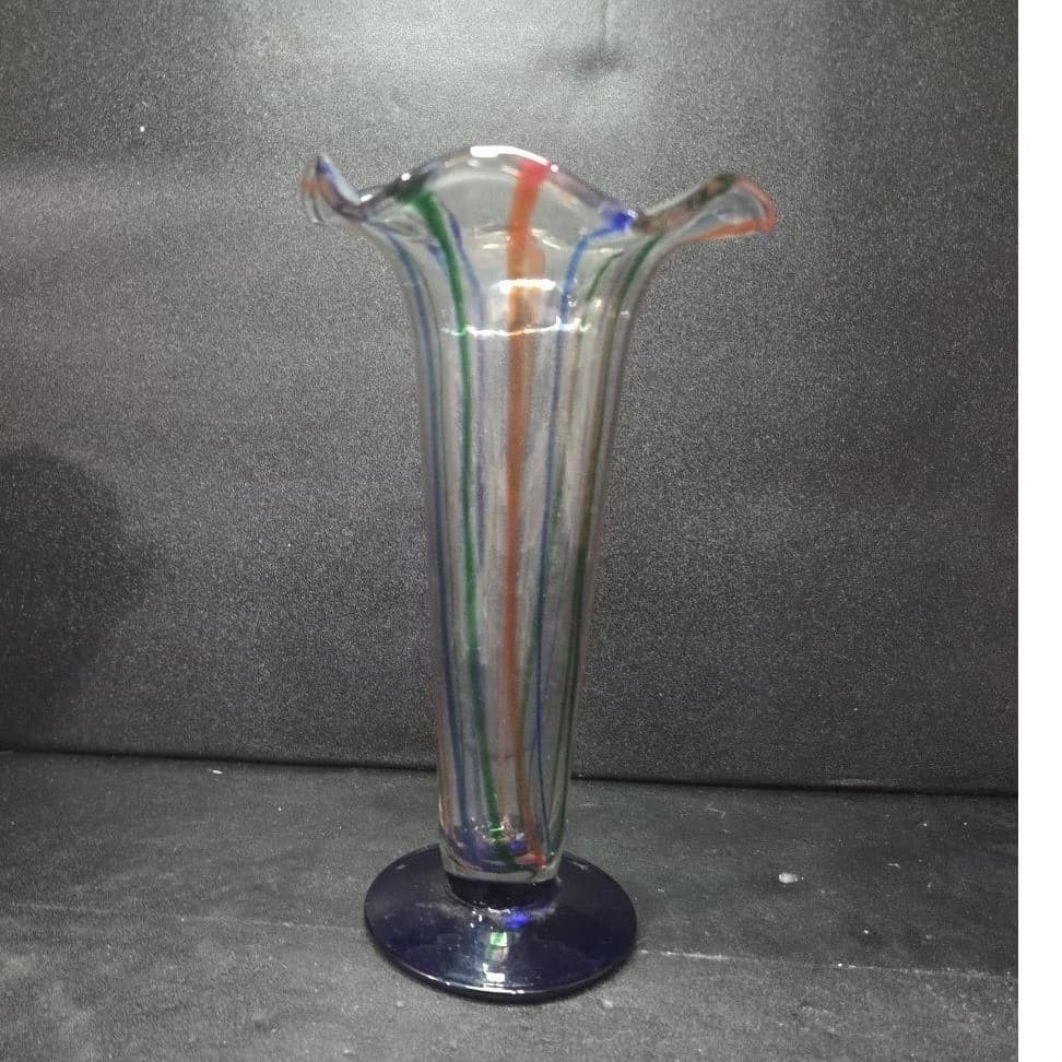 Hand Blown Fluted Art Glass Vase, Vtg Multicolored Flower Holder, Mantel Decor - Thumbnail 2