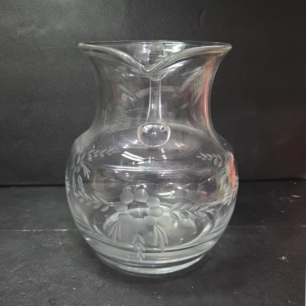 Floral Etched Glass Sangria Pitcher, Vintage Hand Blown Juice Dispenser, Barware - Thumbnail 5